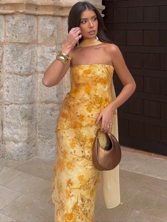 Dresses & Skirts - Women Dress With Scarf Elegant Printed Sleeveless Tube Top Female Dress Fas